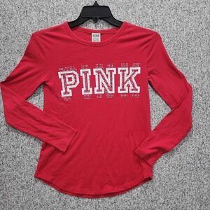 PINK Victoria's Secret Long Sleeve‎ Red Rhinestone Logo Tee Shirt Women's XS